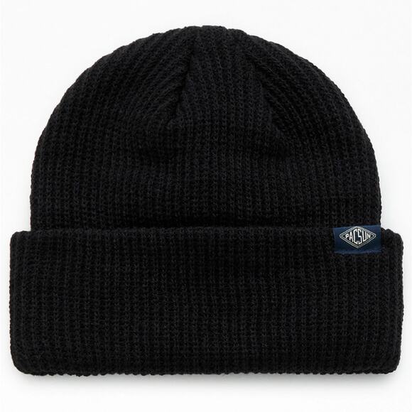 NEW PACSUN Fisherman Fold Over Black Knit Shallow Cuff Beanie Hat Cap Unisex - Picture 5 of 6